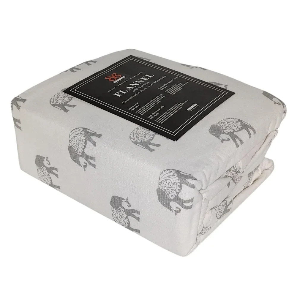 BIBB Home Twin Size Ivory Cotton Flannel Sheet Set‎ of 3pc With Gray Elephants